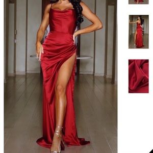Moda Glam Boutique - Penelope High Slit Corset Dress -Deep Red size S